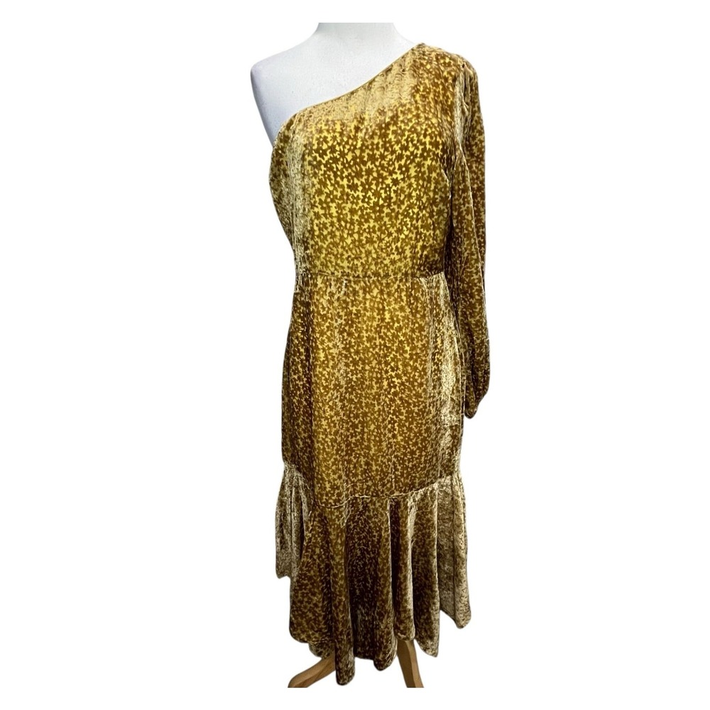 Molly Green Zion Burnout Velvet Dress L Gold Brown Floral One Shoulder Glam Boho
